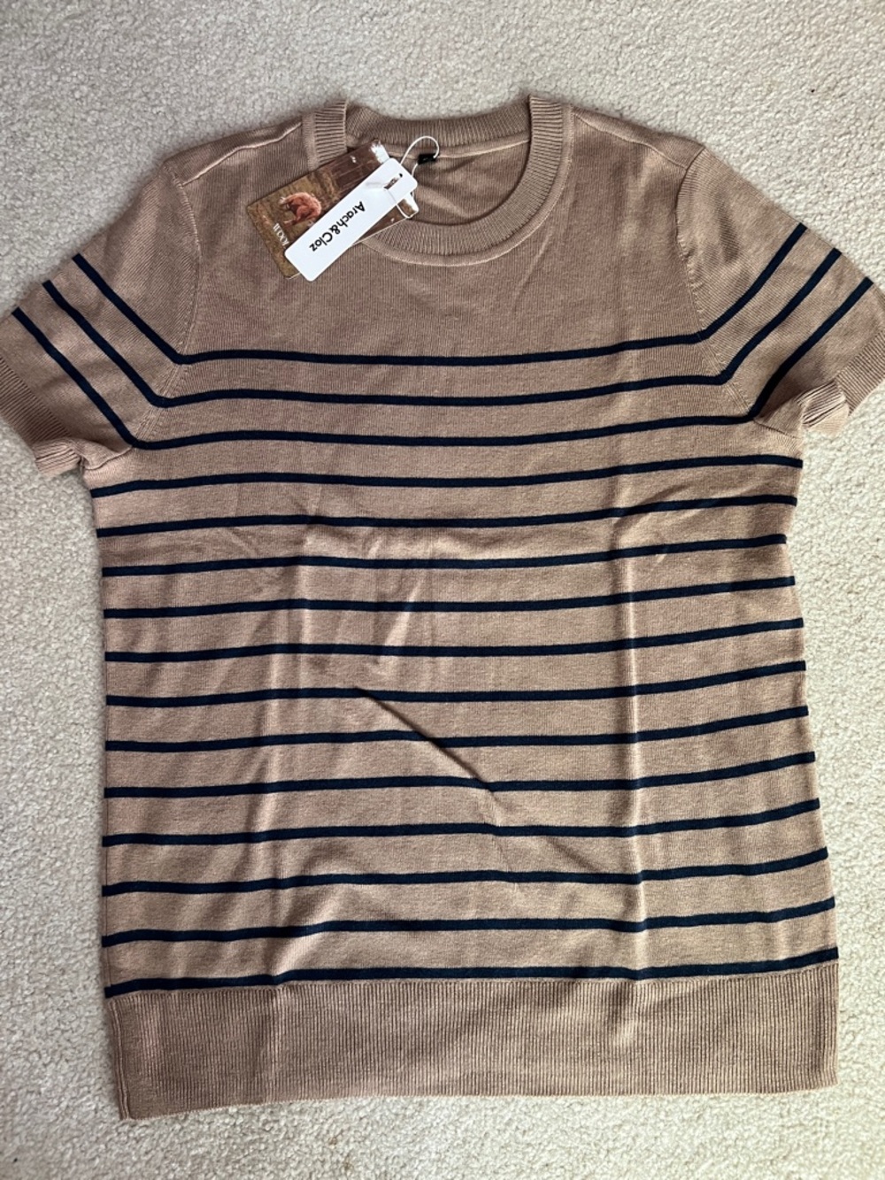 NWT Striped Short‑Sleeve Sweater — Camel & Navy